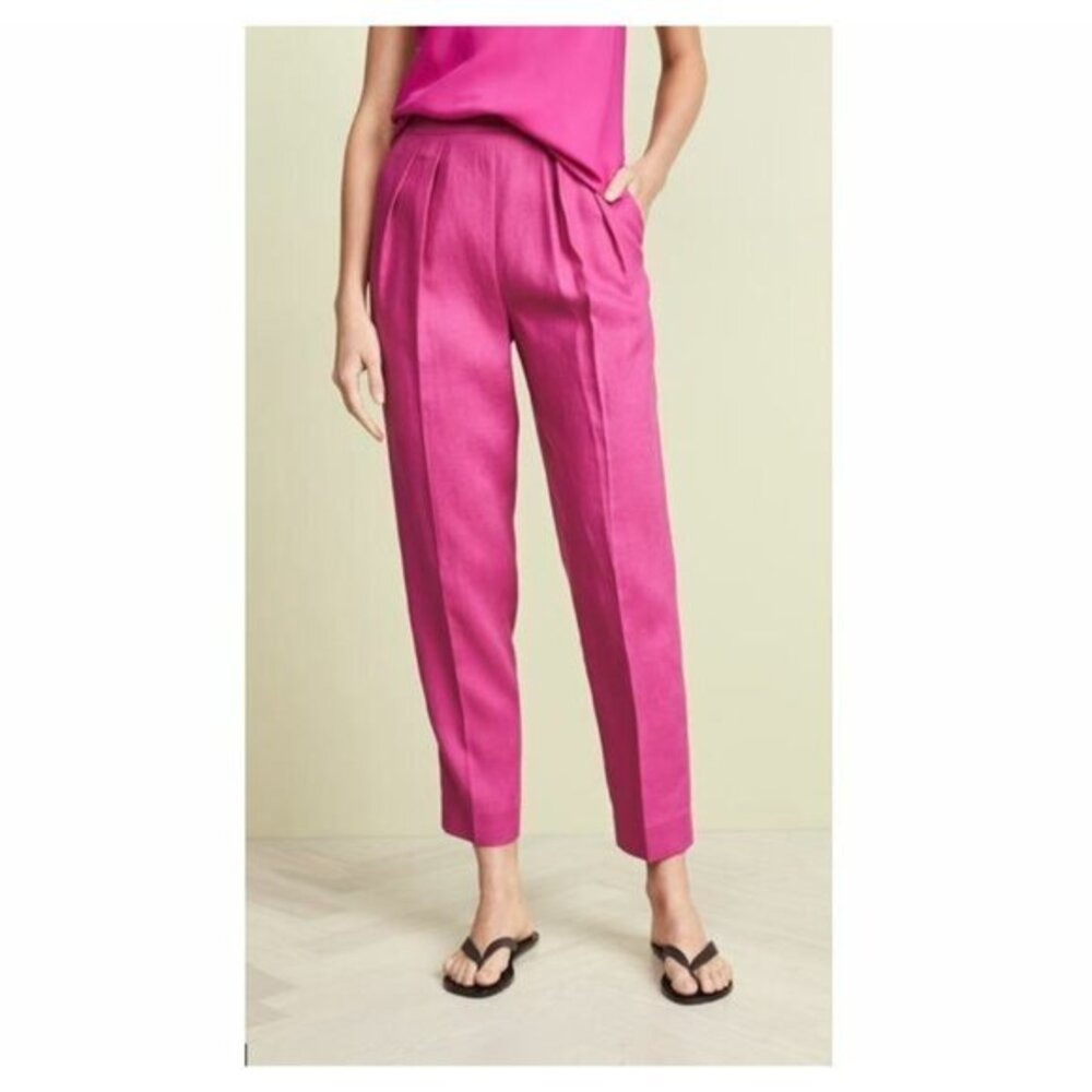 Theory Pant Linen High Rise Pink Pants Pleated Fuchsia Pop Trouser SZ 0 NWT